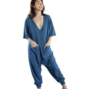 Natural Life Teal Blue Cotton V Neck Short Sleeve Jumpsuit Romper XS